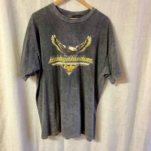 Vintage 1990s Harley-Davidson New York Cafe Eagle Graphic Tee‎ XL Acid Wash Grey